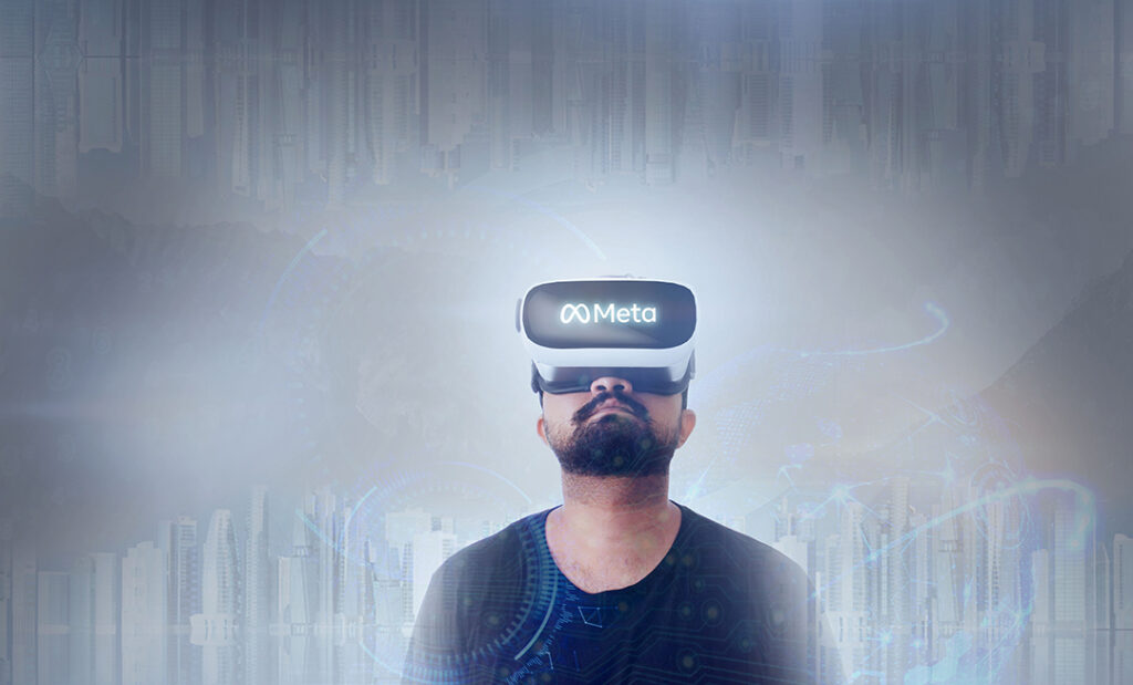 Man som bär Virtual Reality-glasögon inuti en metavers