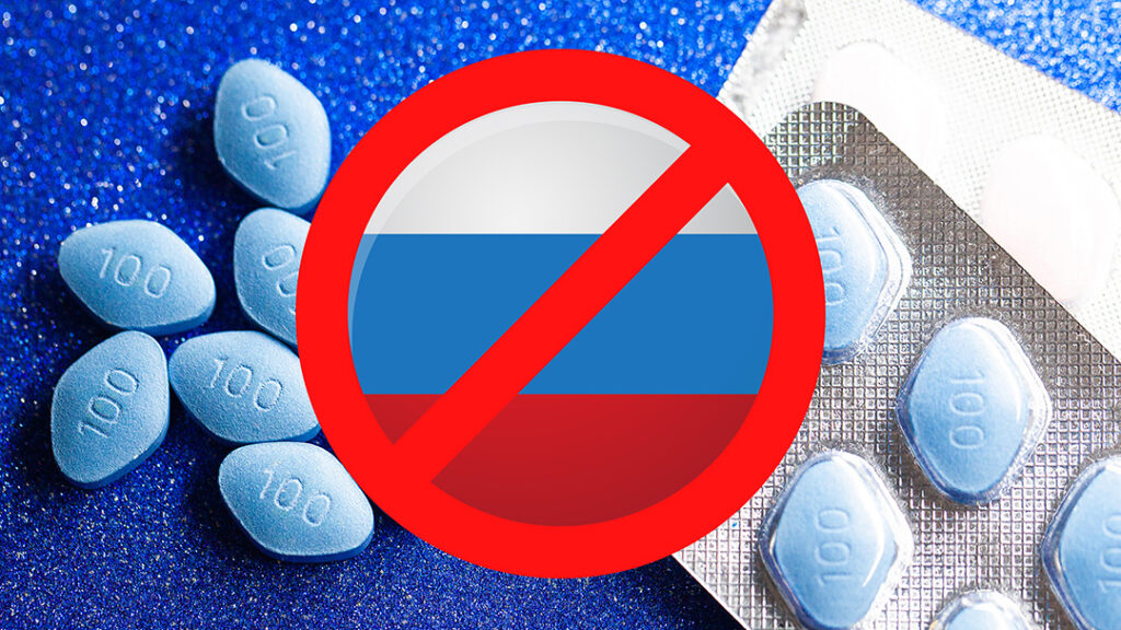 viagrapiller och en överkryssad rysk flagga