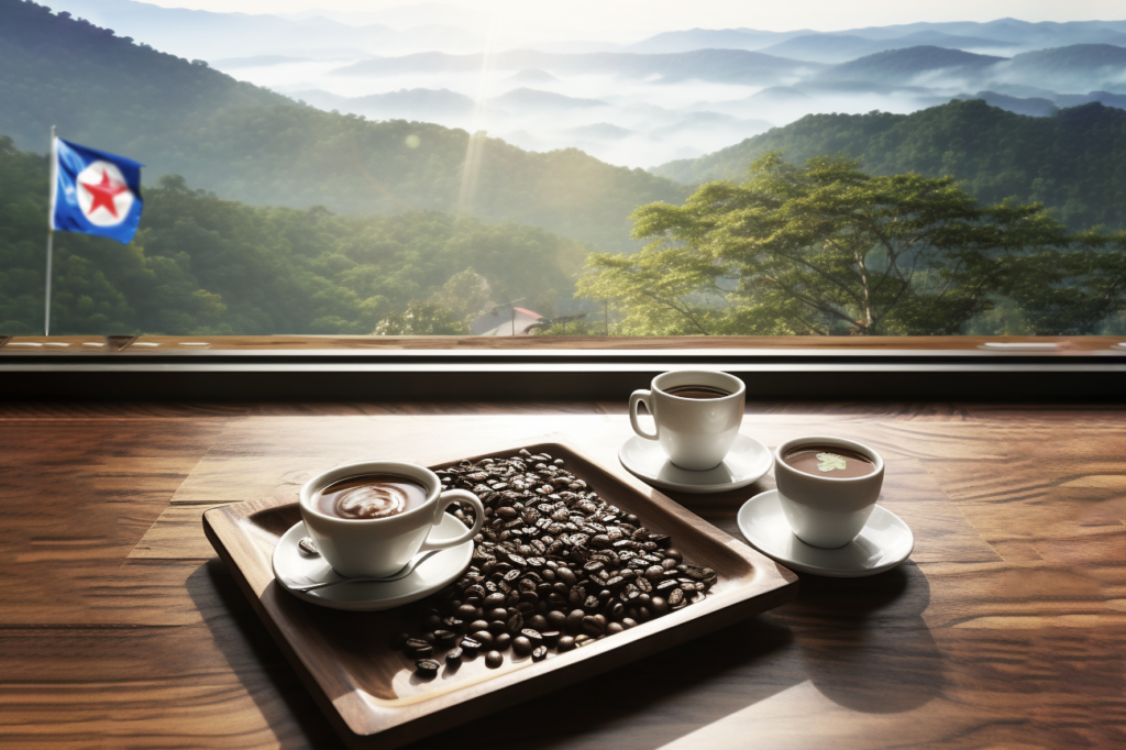 Många kaffebönor på ett träfat och runtom finns kaffekoppar och kaffebönor, bakgrund av hög bergsutsikt på morgonen