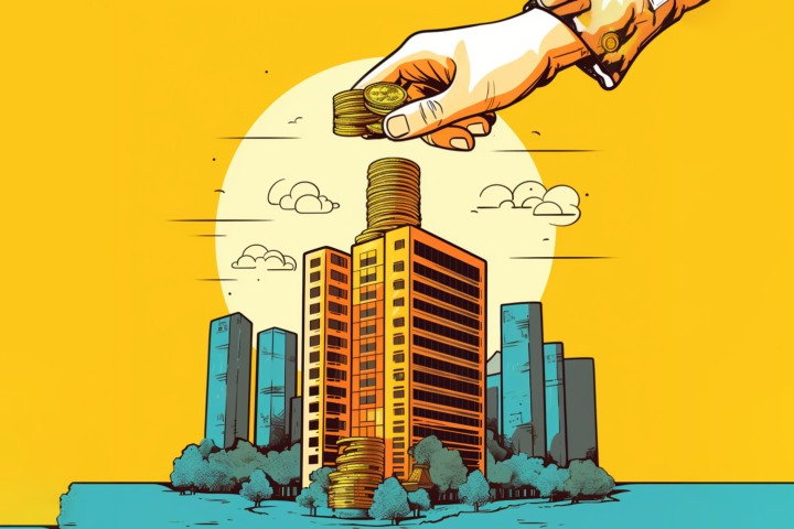 illustration med en hand som stoppar in pengar i en kontorsbyggnad