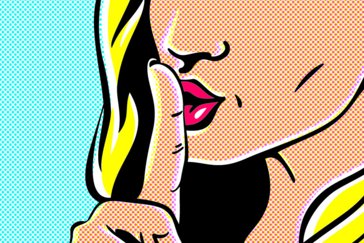 illustration. detalj av ett kvinnoansikte som tystar någon, pekfingret framför munnen