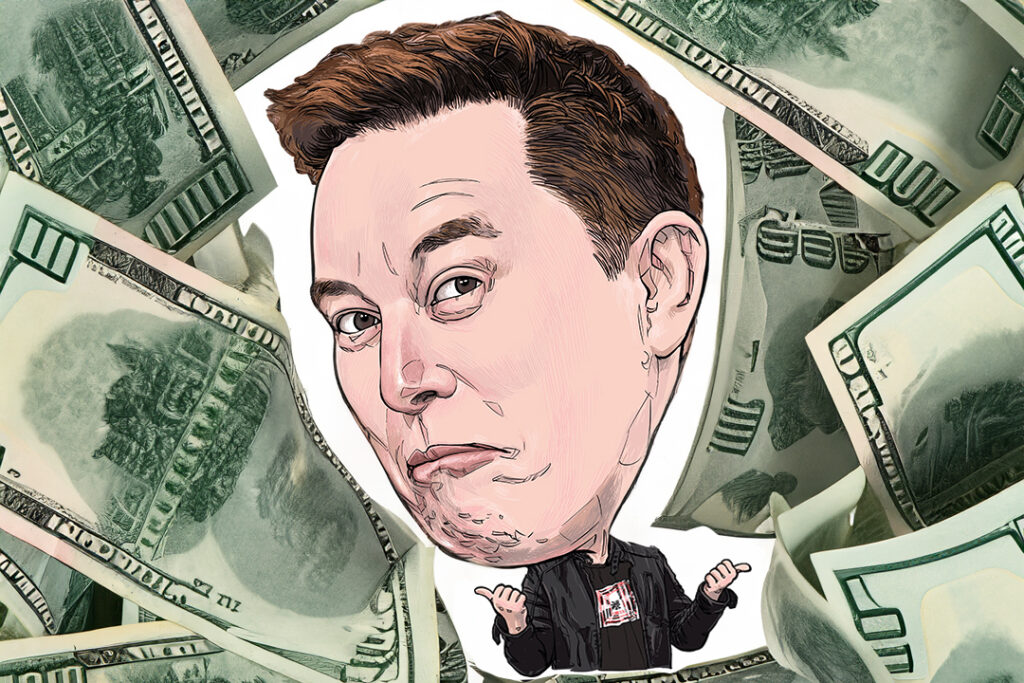 karikatyr av Elon Musk omgiven av pengar