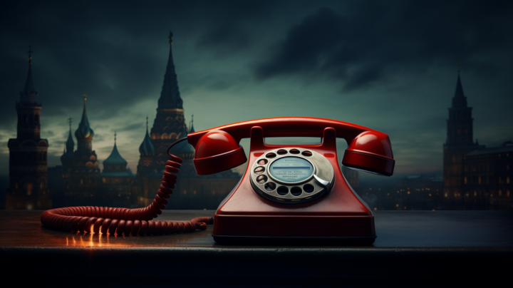 en röd telefon mellan siluetter från ryssland och usa
