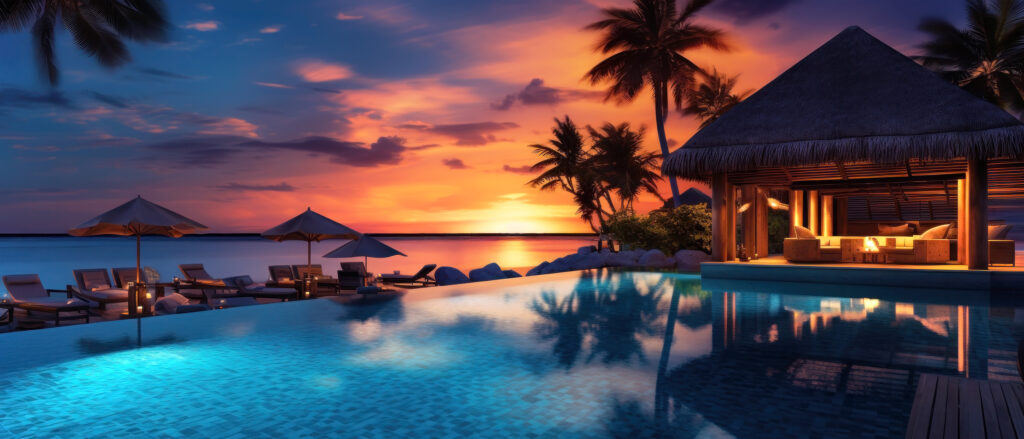 Maldiverna solnedgång vid poolen