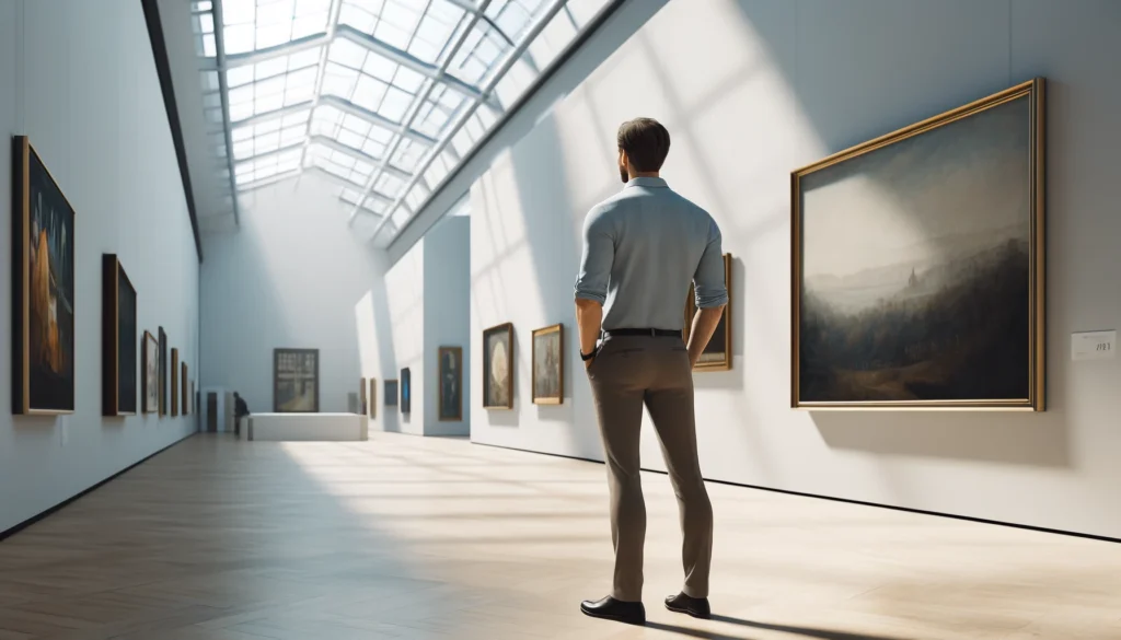 en man tittar på konst i Pinakothek der Moderne i München 