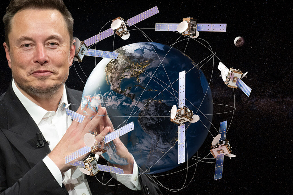 kollage: Elon musk omgiven av satelliter