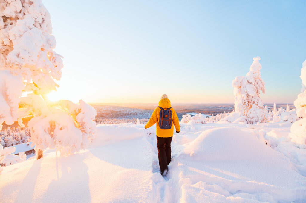 Person går i ett vintrigt vinterlandskap