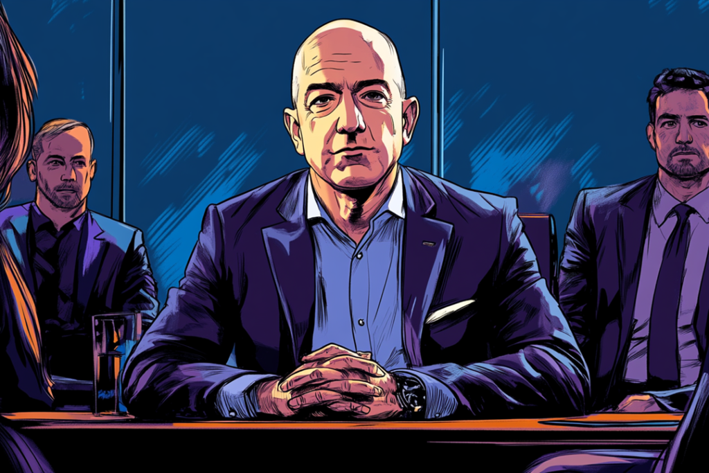 illustration av Jeff Bezos på ett möte