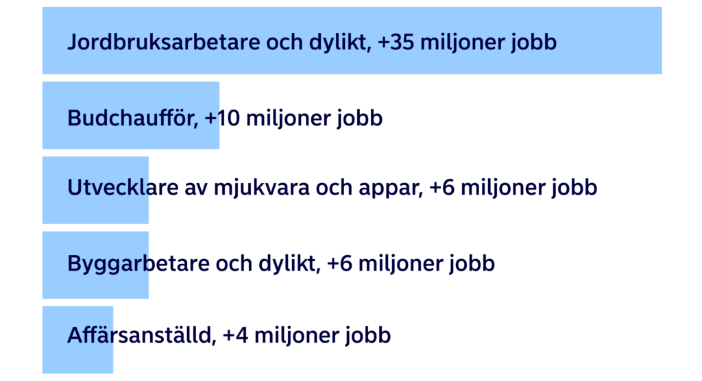 Flest arbetstillfällen per yrkeskategori, 2025–2030
Jordbruksarbetare och dylikt, +35 miljoner jobb
Budchaufför, +10 miljoner jobb
Utvecklare av mjukvara och appar, +6 miljoner jobb
Byggarbetare och dylikt, +6 miljoner jobb
Affärsanställd, +4 miljoner jobb