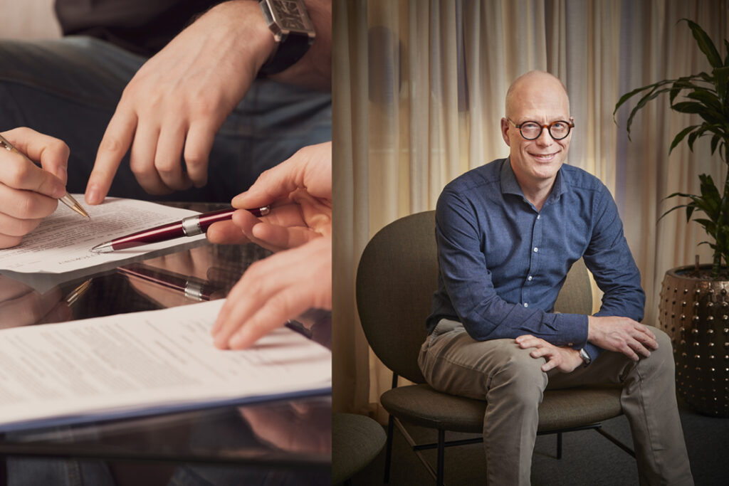kollage Daniel Nätt och händer som signerar papper