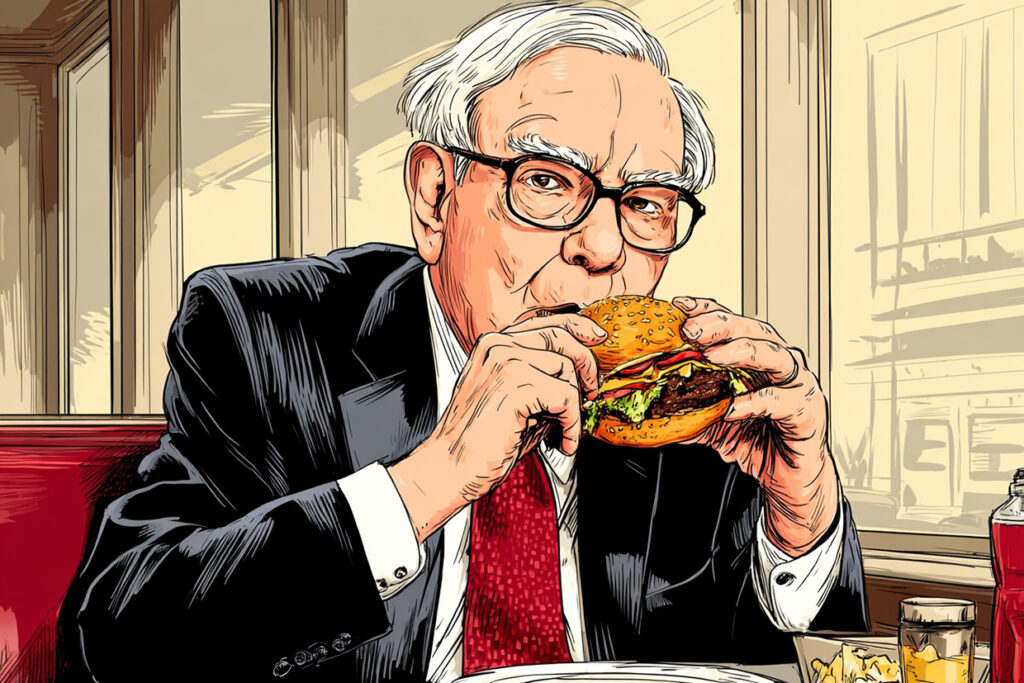 illustration: Warren Buffertt äter en hamburgare