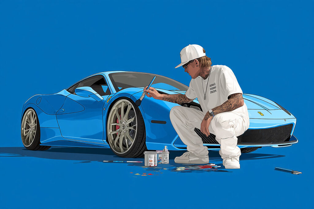 AI-illustration: Justin målar sin ferarri blå