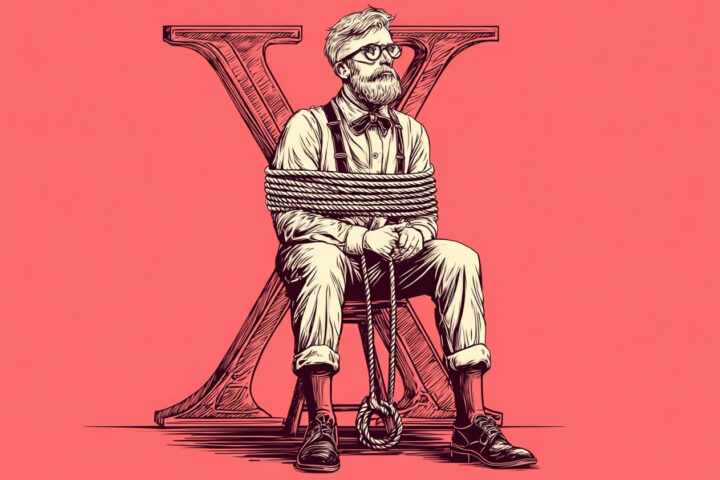Illustration: Man sitter knuten till kostaven X