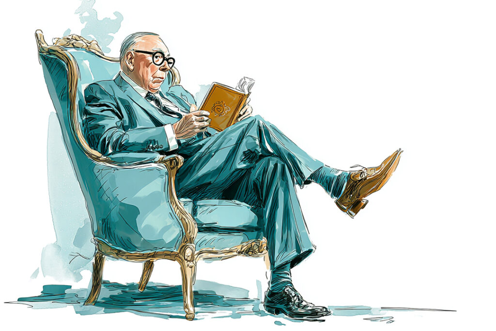 illustration av Charlie Munger som läser en bok