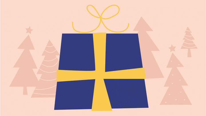 illustrerad blå och gul julklapp granar i bakgrunden