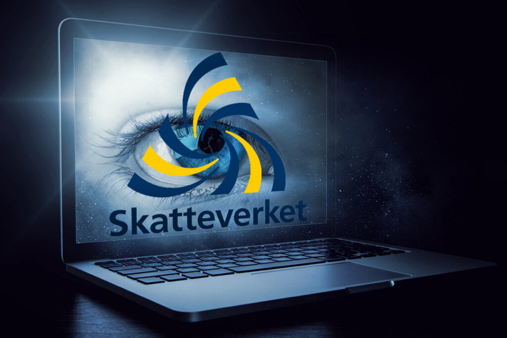 Ett stort öga på datorskärm, på ögat ligger skatteverkets logotyp