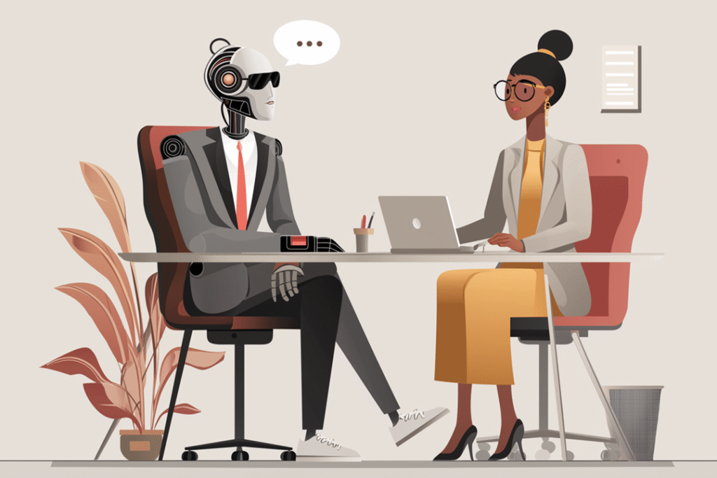 illustration en AI-figur intervjuar en kvinna
