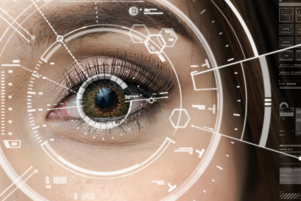 futuristisk vision, digital teknikskärm över ögat