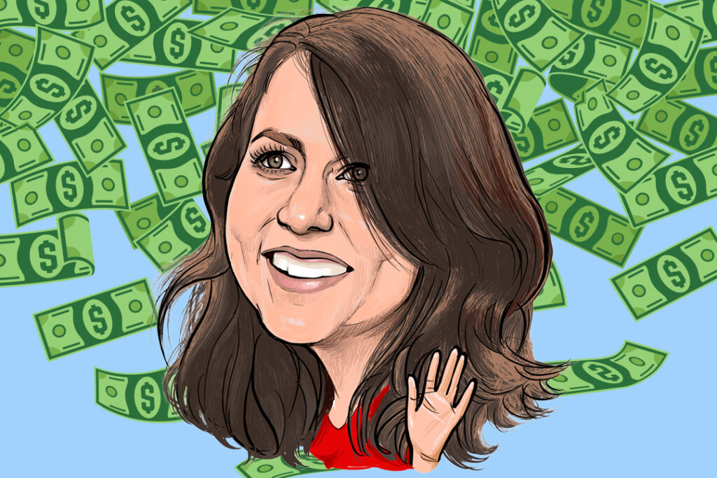 Karikatyr av MacKenzie Scott, sedlar flyger i bakgrunden