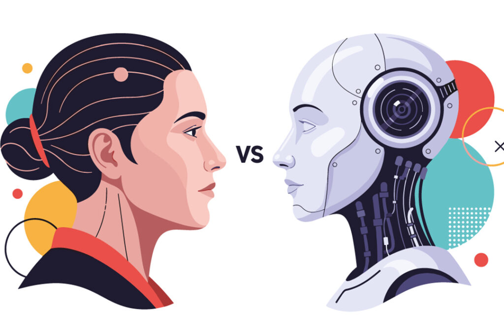 illustration: ett människoansikte tittar på en AI-robots ansikte