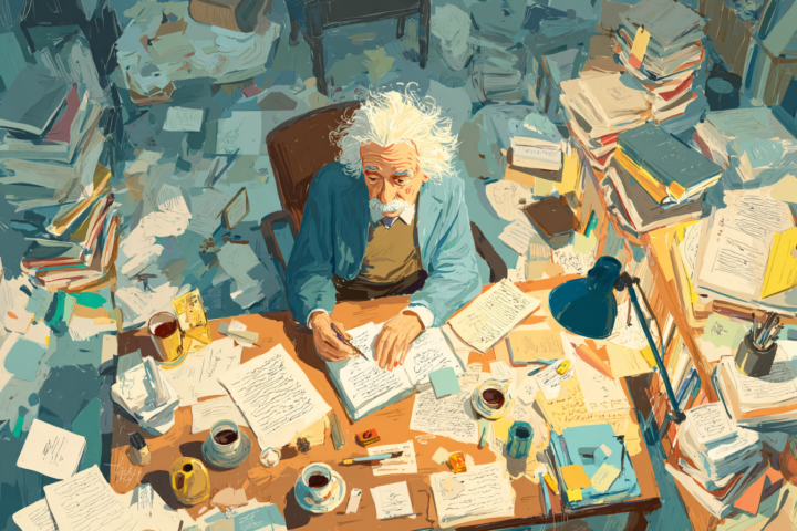illustration av Albert Einstein som sitter vi ett väldigt stökigt skrivbord