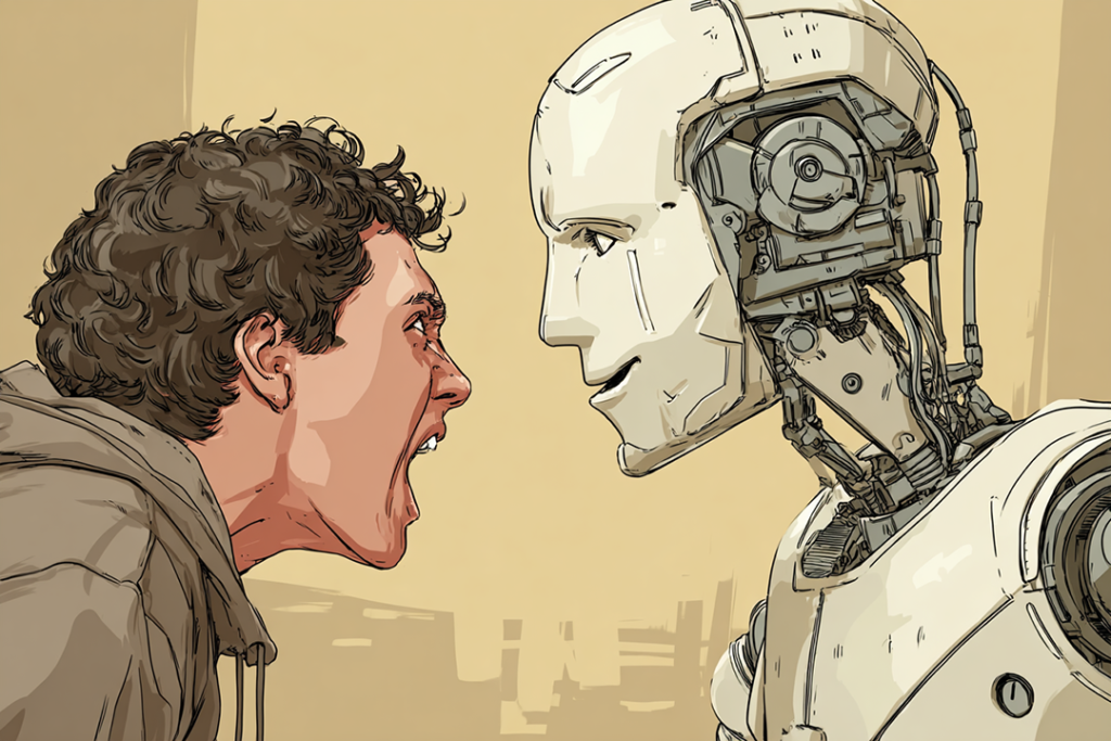 arg person skriker på en ai-robot