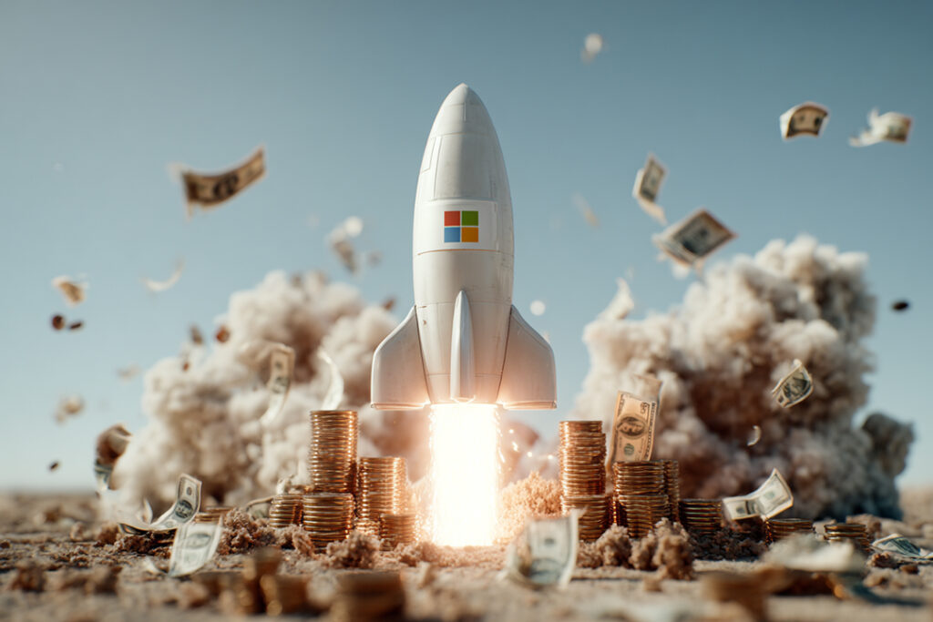 en Microsoftraket med pengar som flyger runt den