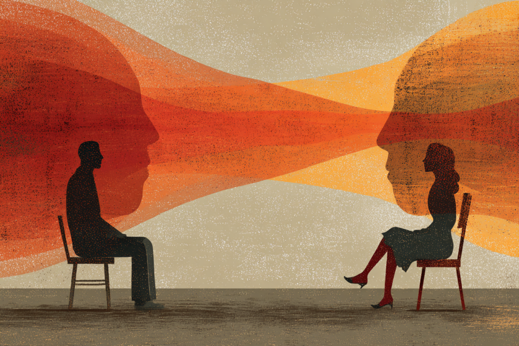 illustration där två personer sitter och kommunicerar via tankeöverföring