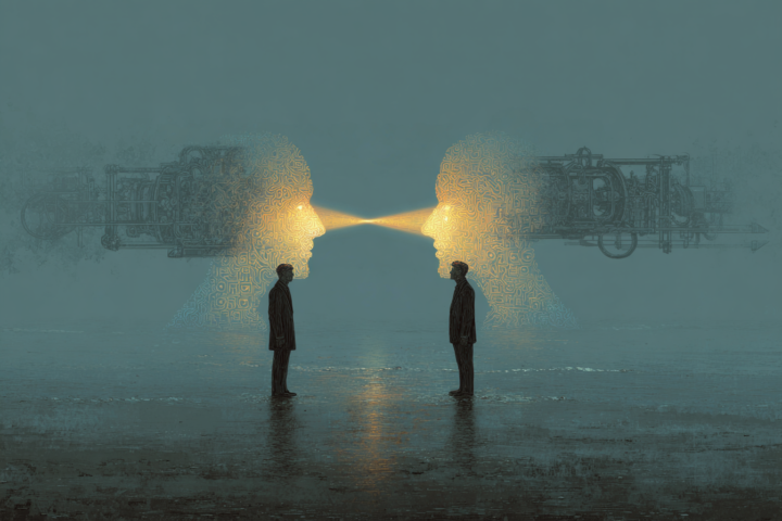 illustration: två personer pratar via tankeöverföring