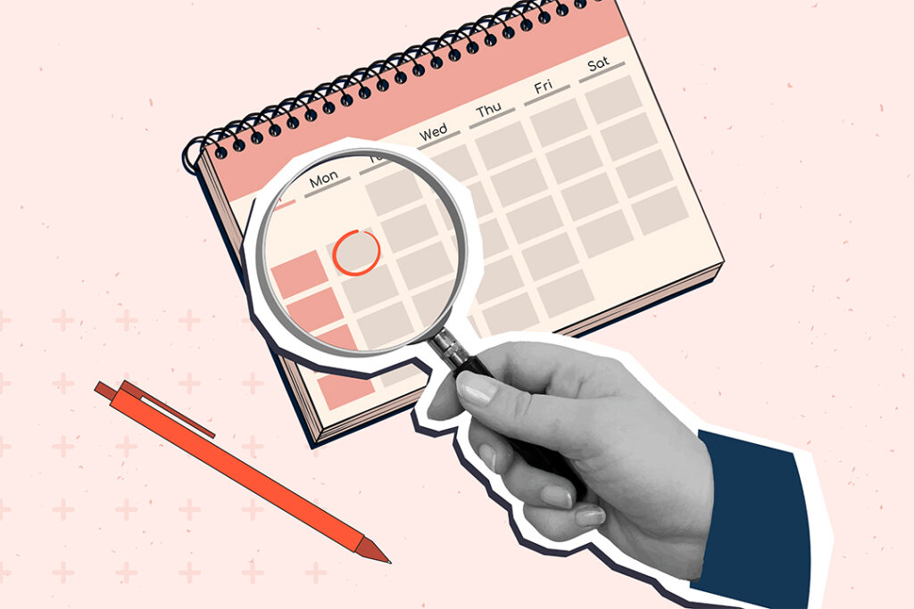 illustration: en hand med förstorningsglas som synar en kalender