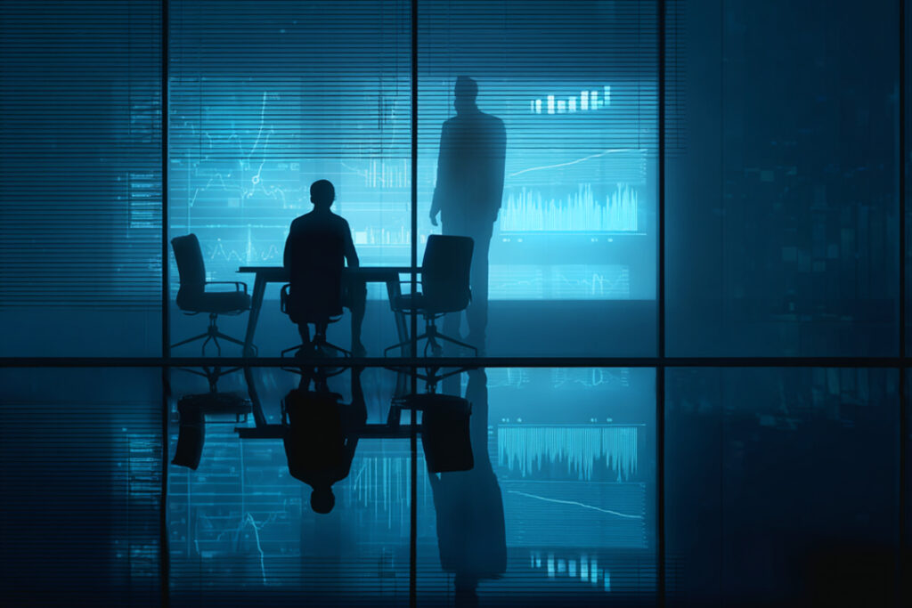 illustration: VD sitter i dystopiskt kontor med en finanschef