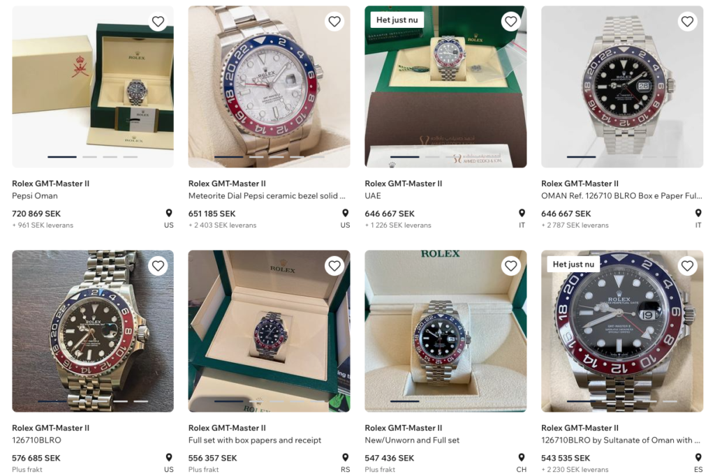 skärmdump som visar försäljningspriser på Rolex Pesi
