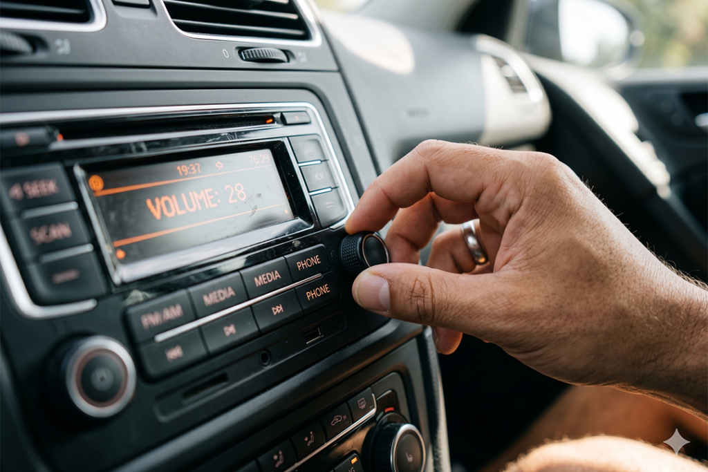 manlig hand vrider upp volymen på en bilradio.