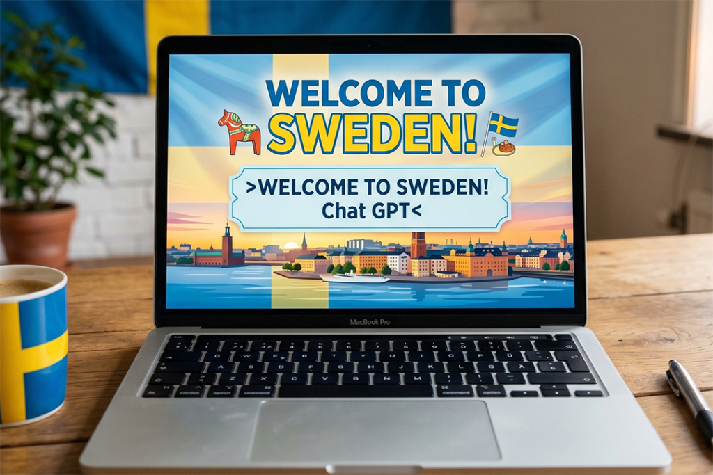  a laptop screen that says >WELCOME TO SWEDEN!
Chat GPT<
with a Swedish flag in the background