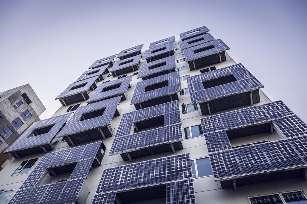 Solar panels on the side of a building of flats in Denmark